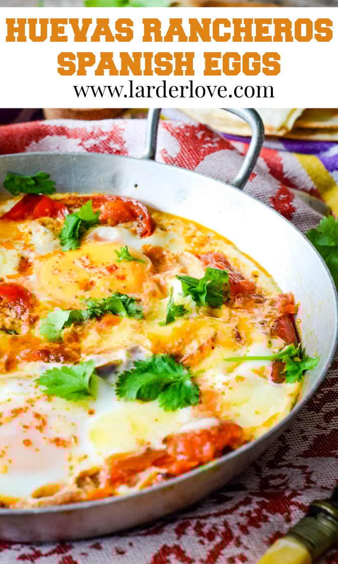 A super quick and easy recipe for baked eggs Spanish style packed with flavour the perfect brunch, lunch or light supper dish #huevasrancheros #bakedeggs #spanisheggs #brunch #eggdishes #larderlove huevas rancheros pin image