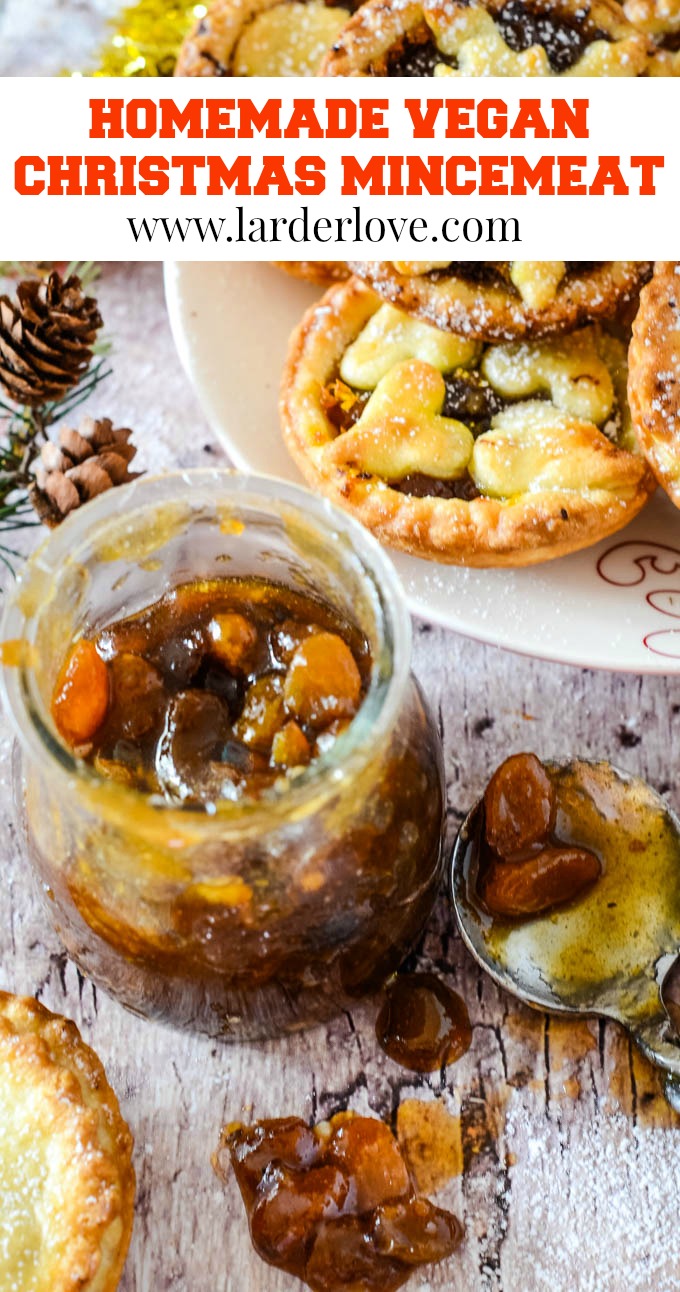 This homemade vegan Christmas mincemeat contains no suet and no refined sugar either #christmasrecipes #christmasmincemeat #veganchristmasmincemeat #veganchristmas #vegetarianmincemeat #vegetarianchristmas #sweetpreserves #itschristmas #larderlove homemade vegan christmas mincemeat pin image