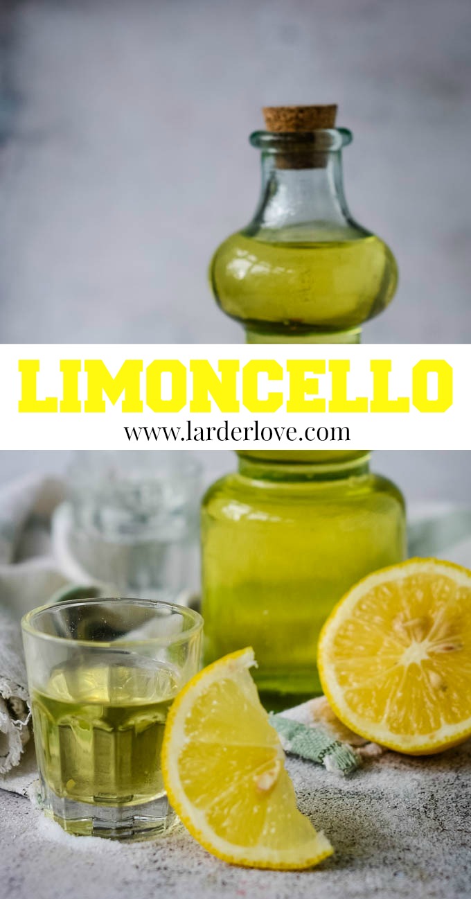 How to make your own quick and easy homemade limoncello liqueur recipe. Serve this delilghtful liqueur as a shot, over icecream, use it in baking and desserts, it's homemade hooch at its best. #limoncello #homemadeliqueurs #foodiegiftsforchristmas #larderlove quick and easy homemade limoncello pin image