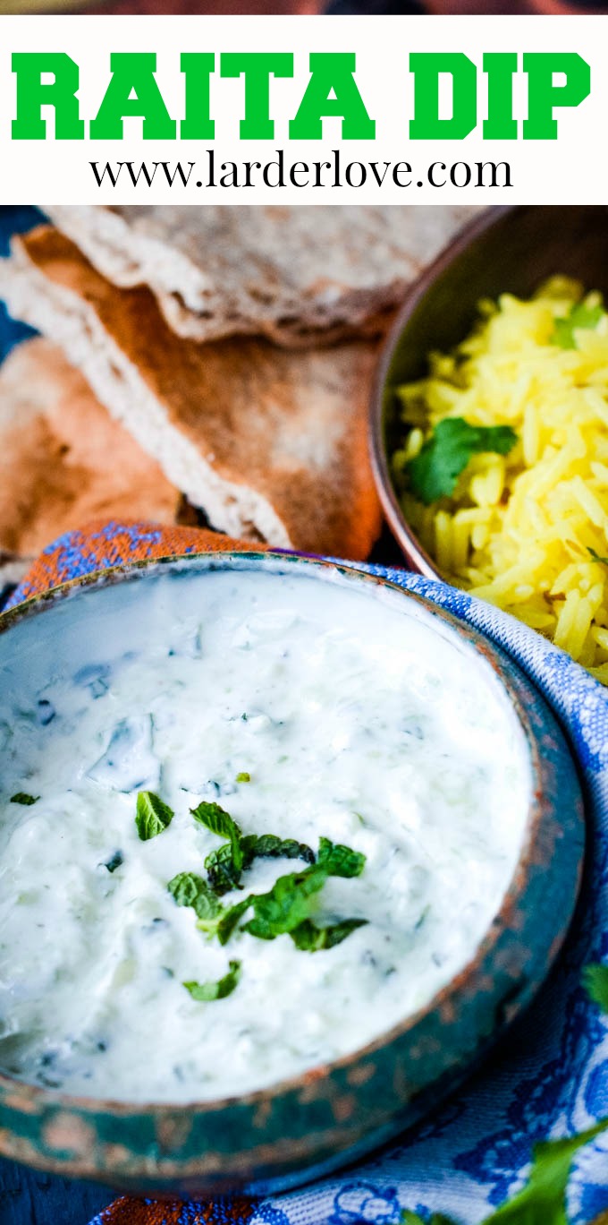 Super easy recipe for traditional raita dip. Perfect for your curries, in wraps and just as a dip with crisps/chips. #raita #dipsanddrips #sauces #indianfood #larderlove raita dip pin image