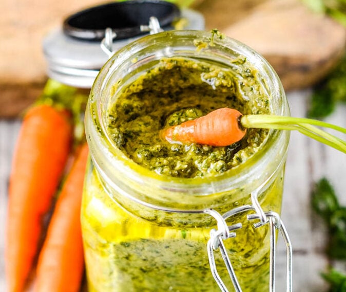 wide shot of jar and carrots from above