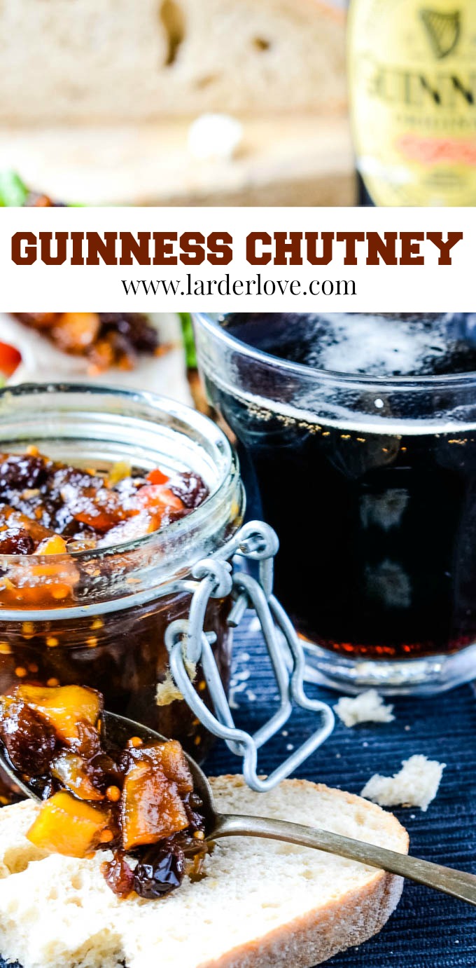 This gorgeous Guinness chutney is perfect with BBQ, burgers, toasted sandwiches and a ploughman's lunch. Perfect for St Patrick's Day of course. #chutney #guinness #StPatricksDay #SavouryPreserves #larderlove gorgeous Guinness chutney pin image