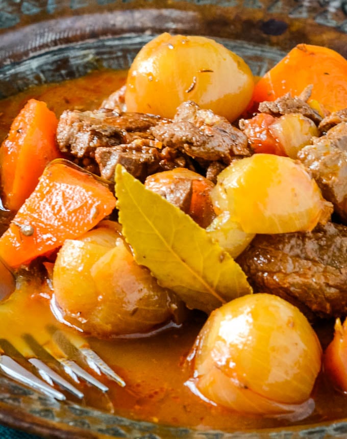 close up of stifado beef stew