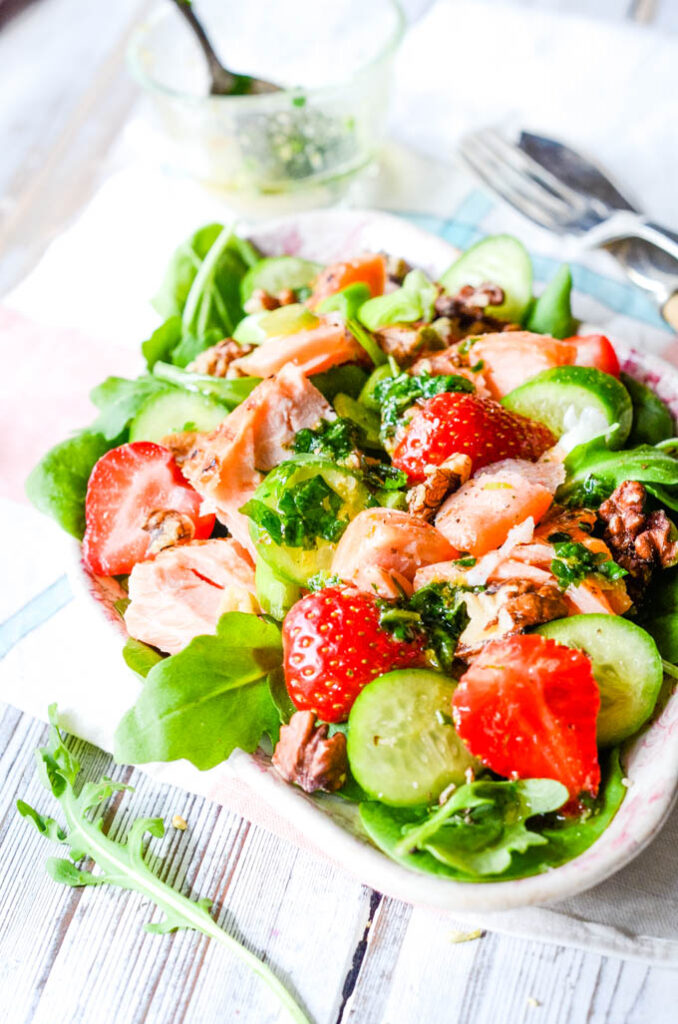 Strawberry and salmon salad with spinach and walnuts Larder Love