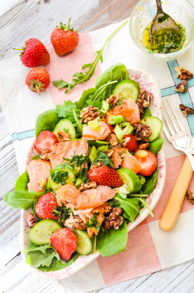Strawberry and salmon salad with spinach and walnuts Larder Love