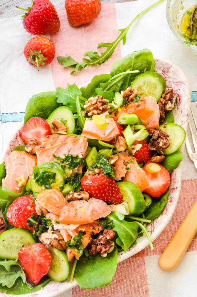 Strawberry and salmon salad with spinach and walnuts Larder Love