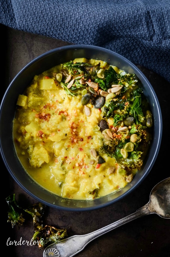 Curried Cauliflower Potato and Kale Soup Larder Love
