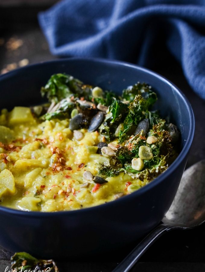curry spiced cauliflower potato and kale soup by larderlove