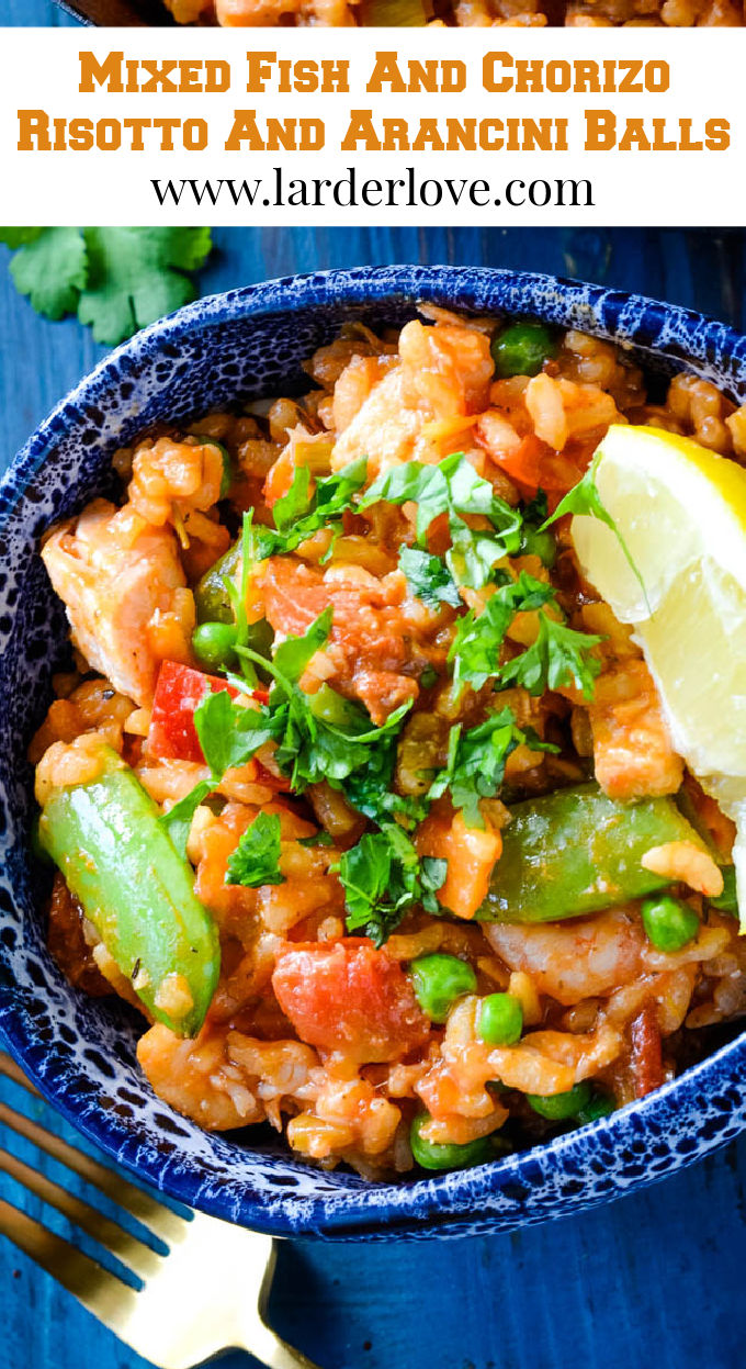mixed fish and chorizo risotto pin image