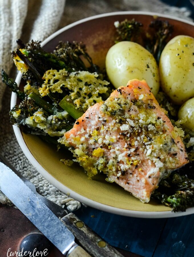 salmon broccolini and asparagus bake by larderlove