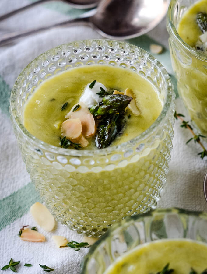 chilled cream of asparagus soup with almonds and thyme by larderlove