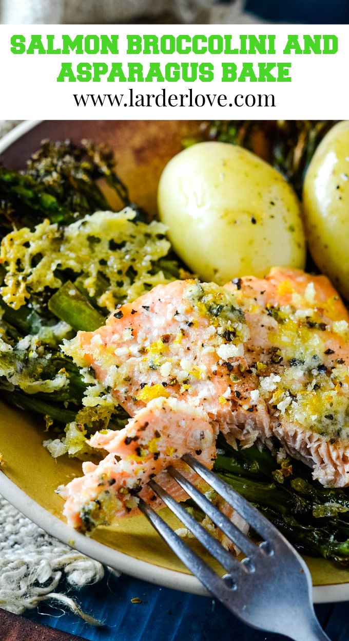 salmon and broccolini traybake pin image