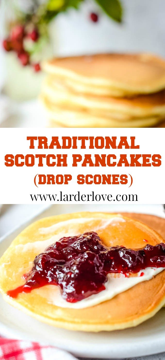 traditional Scotch pancakes aka drop scones. So quick and easy to make perfect from breakfast to supper time. #scottishbaking #breakfast #brunch #pancakes #easybaking #scottishrecipes#larderlove traditional Scotch pancakes aka drop scones pin image