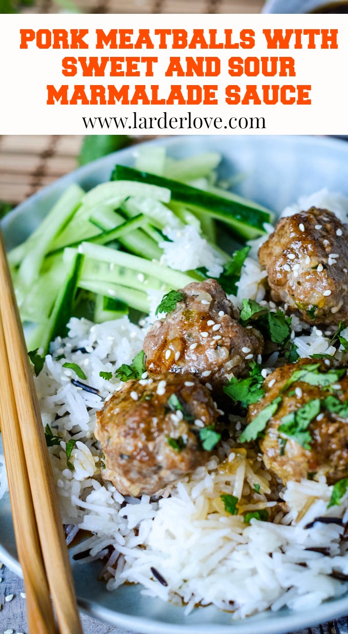 sweet and sour pork meatballs with marmalade glaze pin image