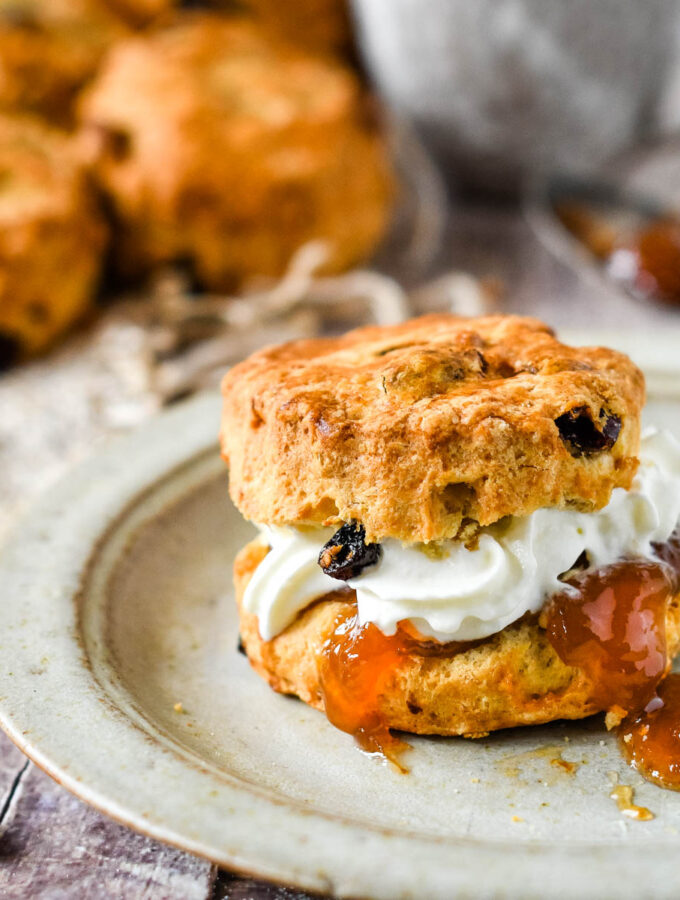 fruit scone with cream and jam