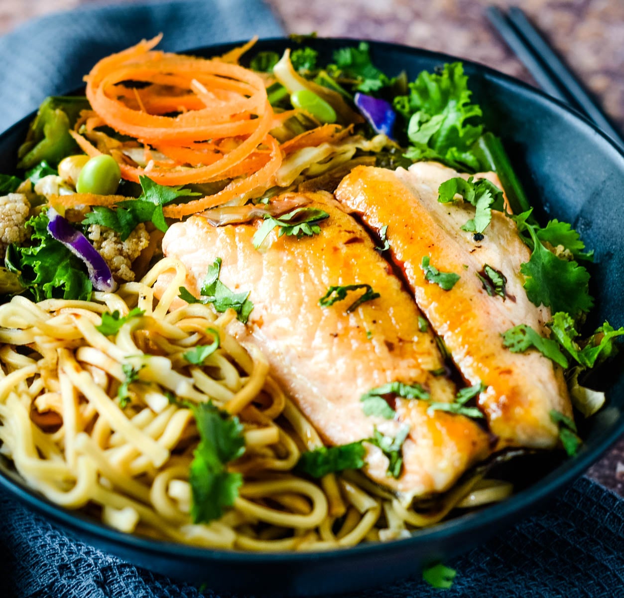 salmon miso stir fry bowl