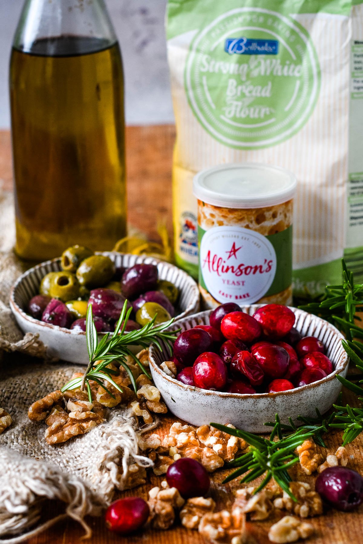ingredients for Christmas cranberry focaccia recipe