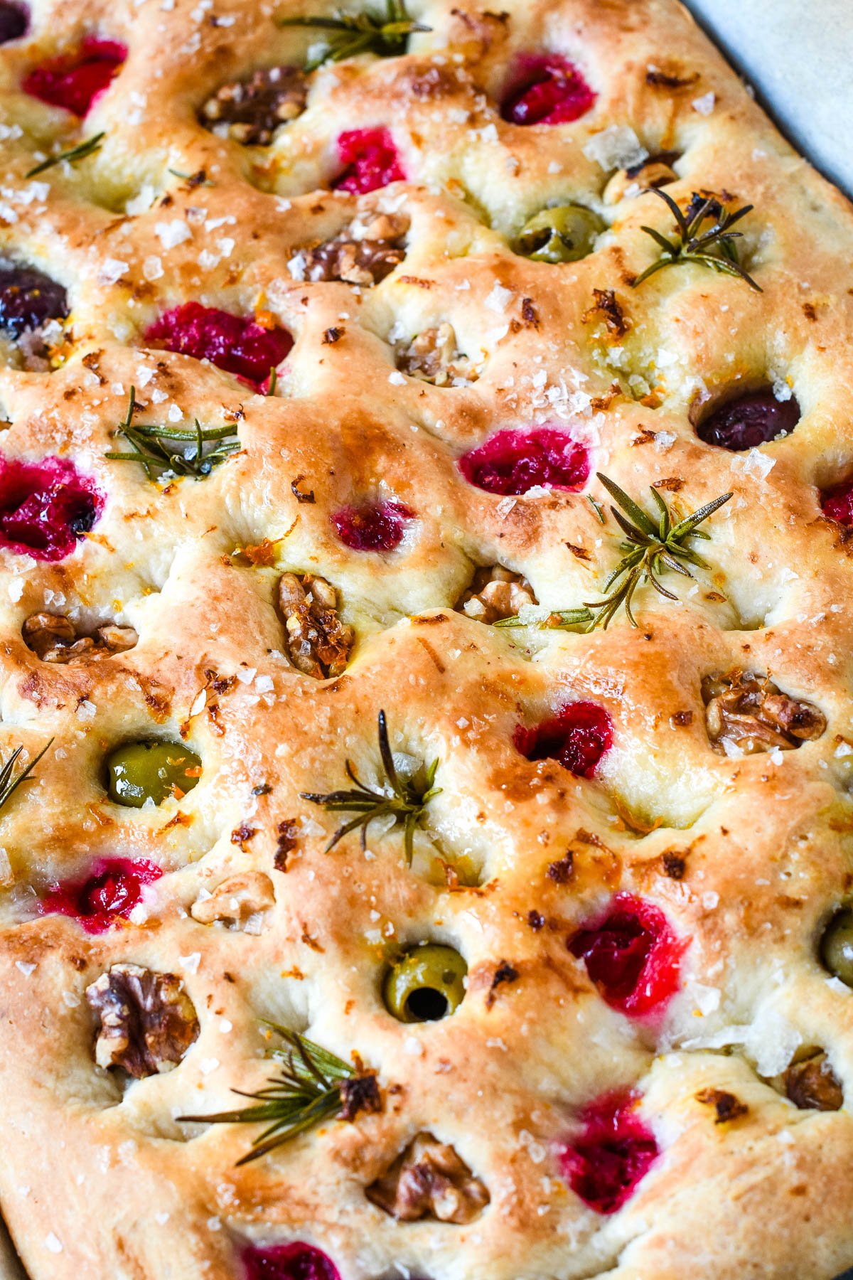top down shot of baked festive focaccia straight from the oven