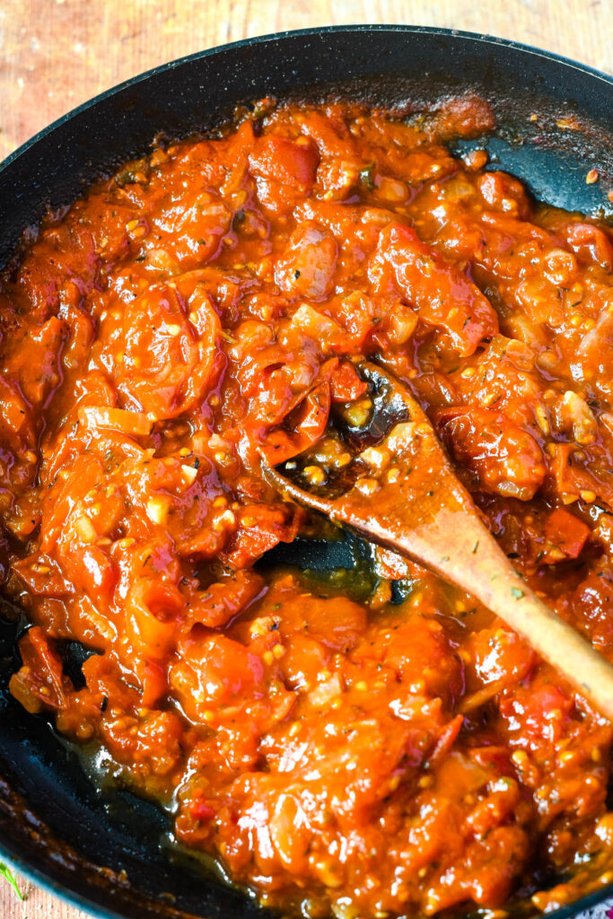tomato sauce in frying pan