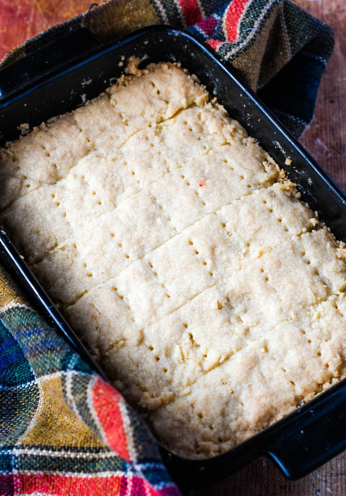 baked shortbread in baking tin