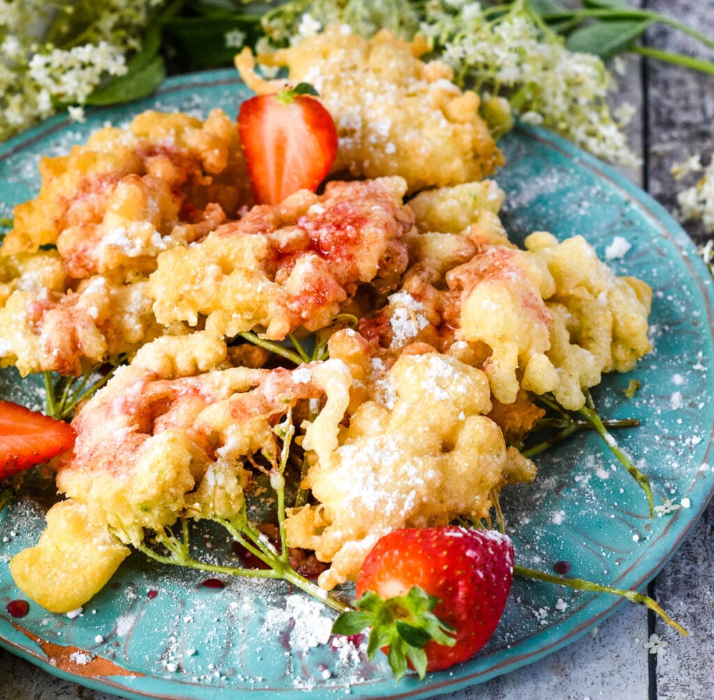 elderflower fritters with strawberries
