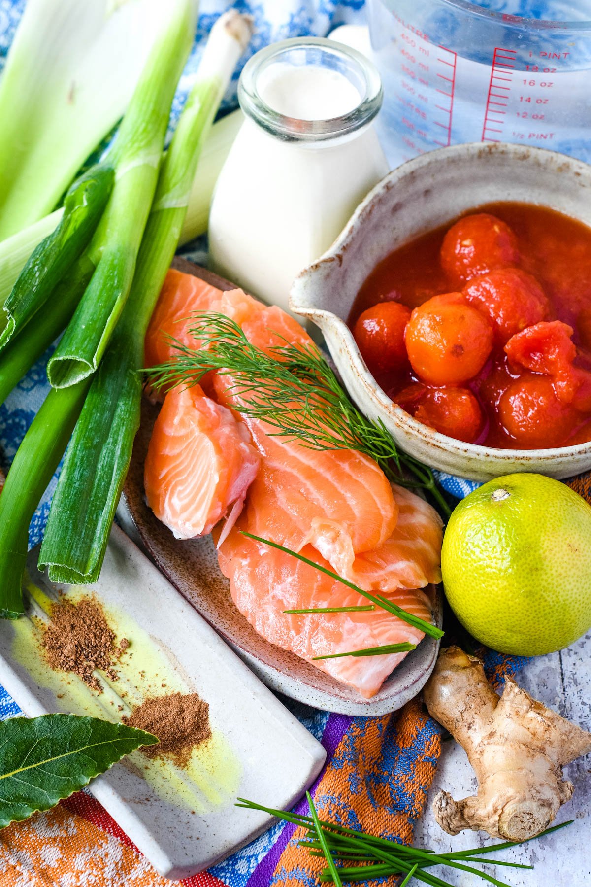 ingredients for cream of salmon soup on table