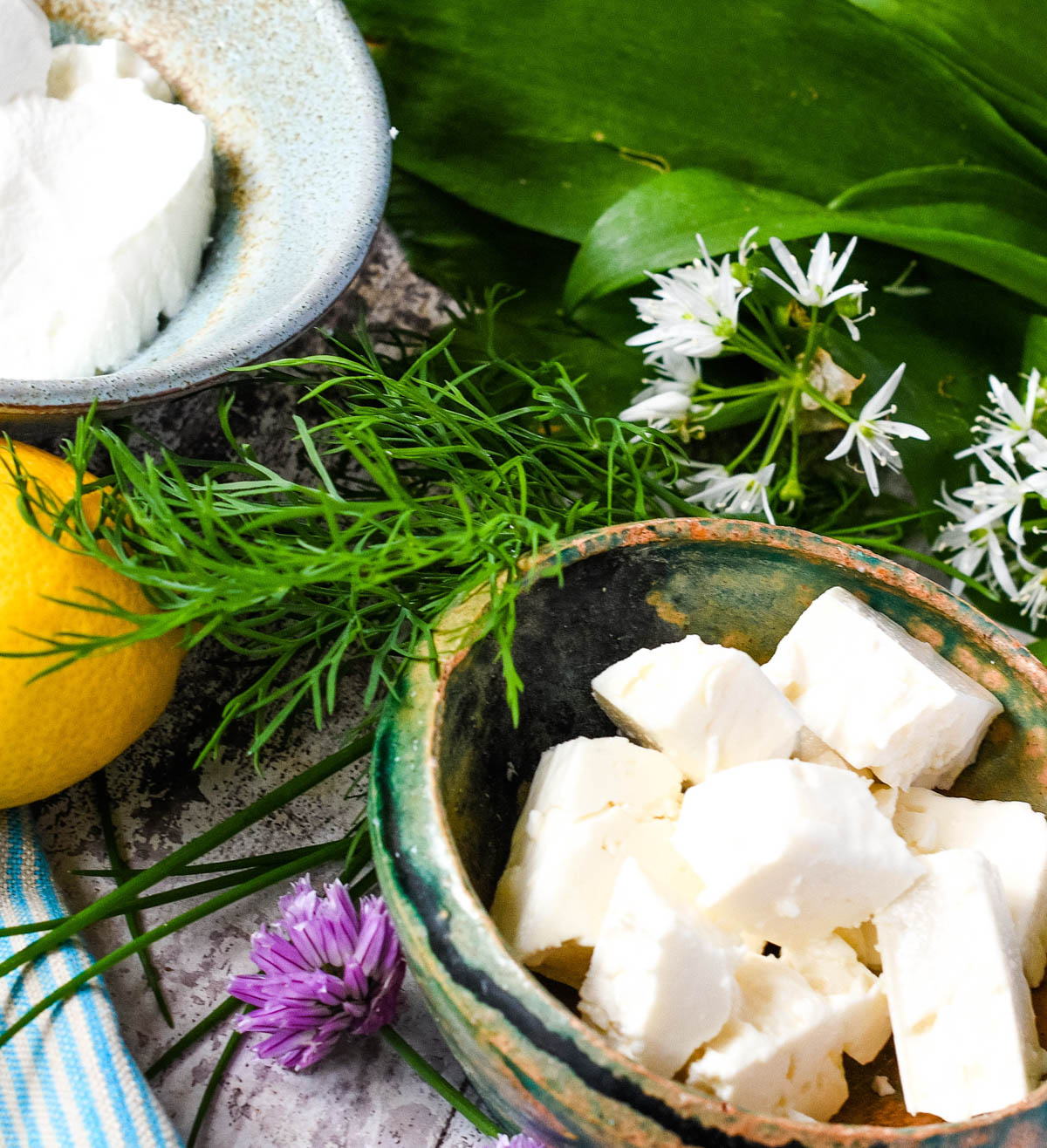 ingredients for wild garlic dip on table