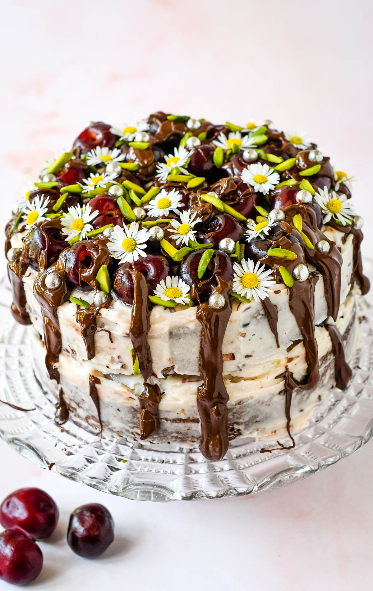 Cherry chocolate cake covered in cherries and daisies
