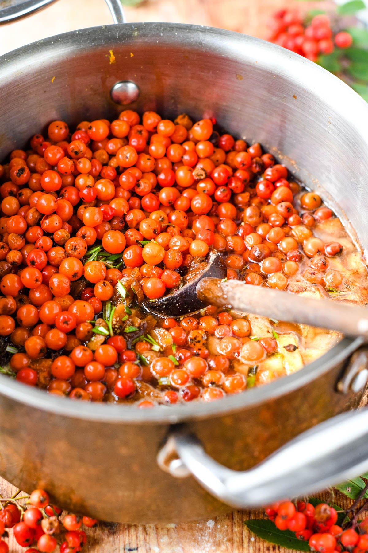 rowan berries in pan cooking