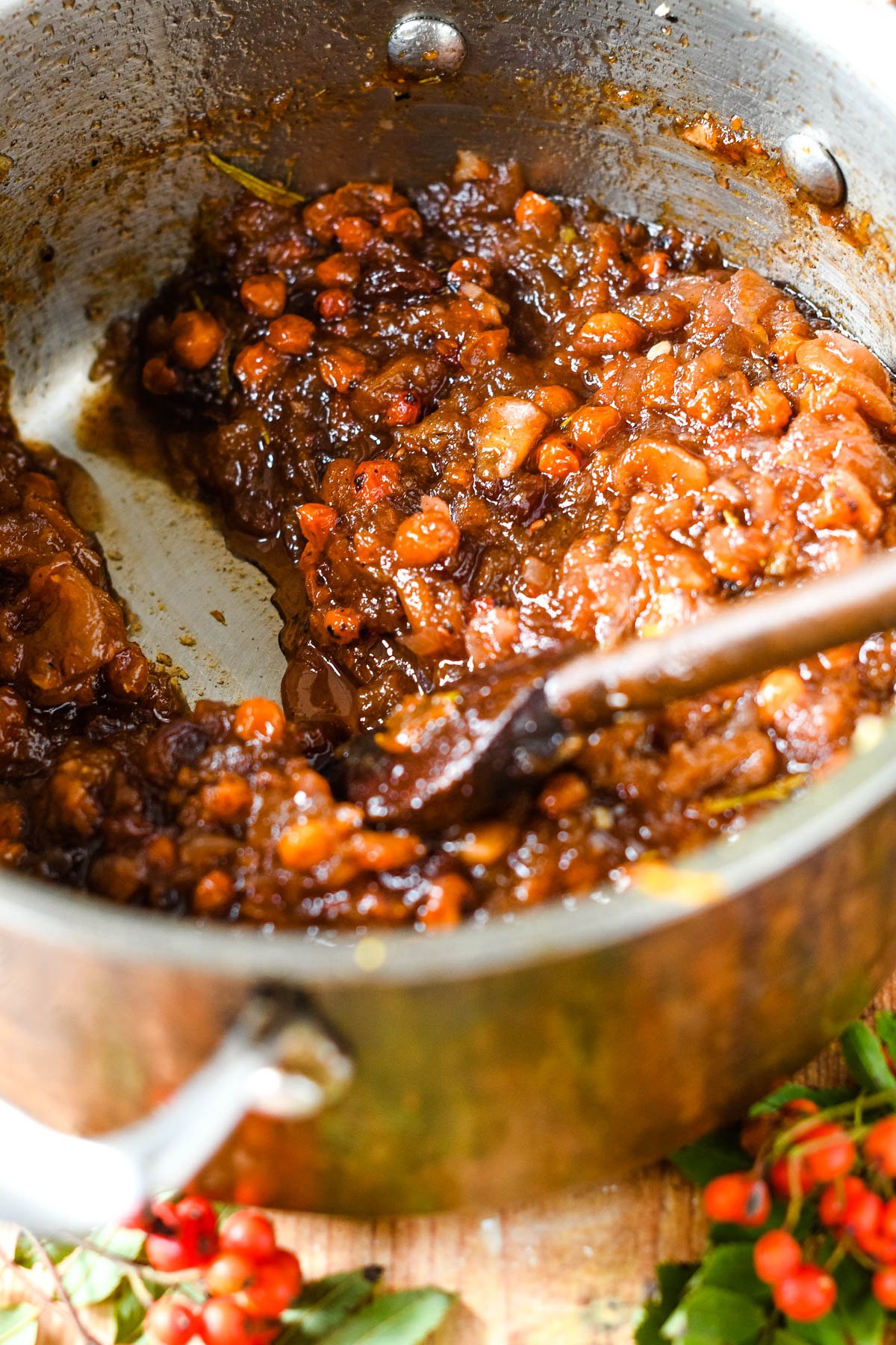 the rowan chutney cooked down and ready to pot