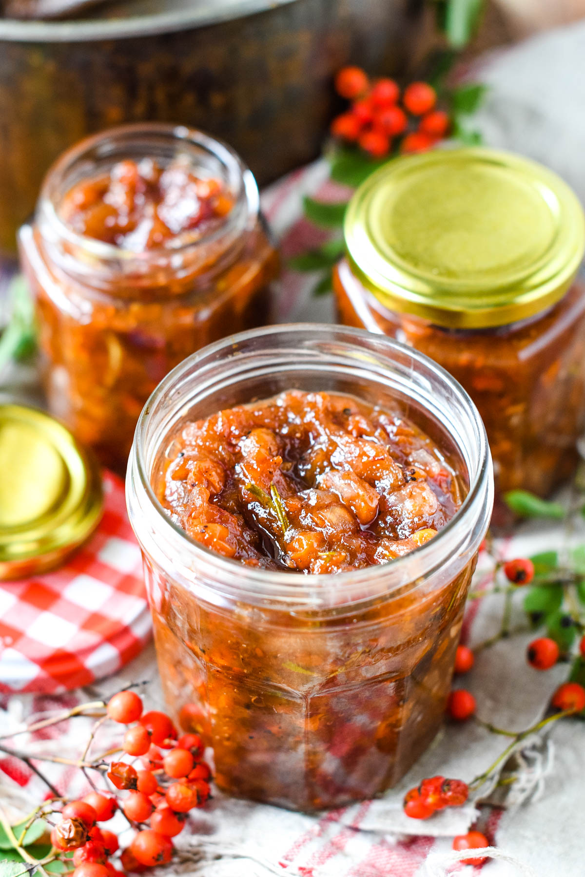 jars of rown chutney awaiting their lids