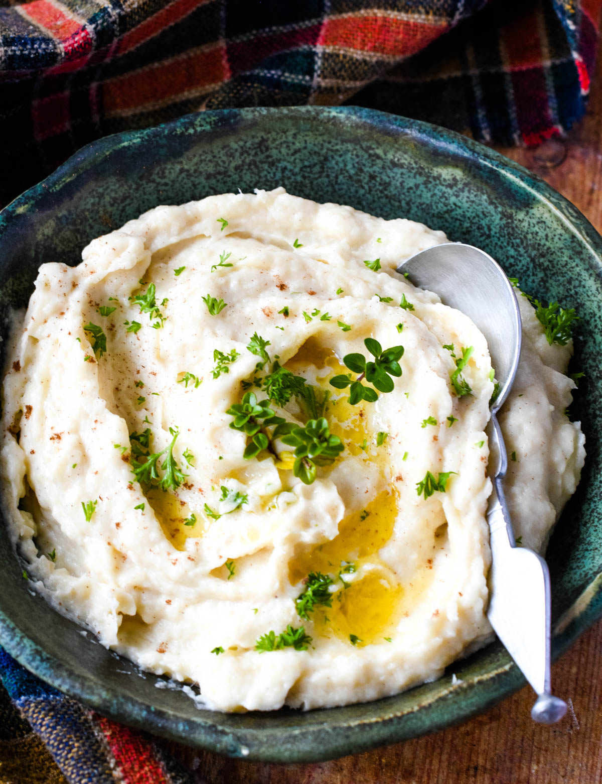 parsnip puree in bowl with spoon