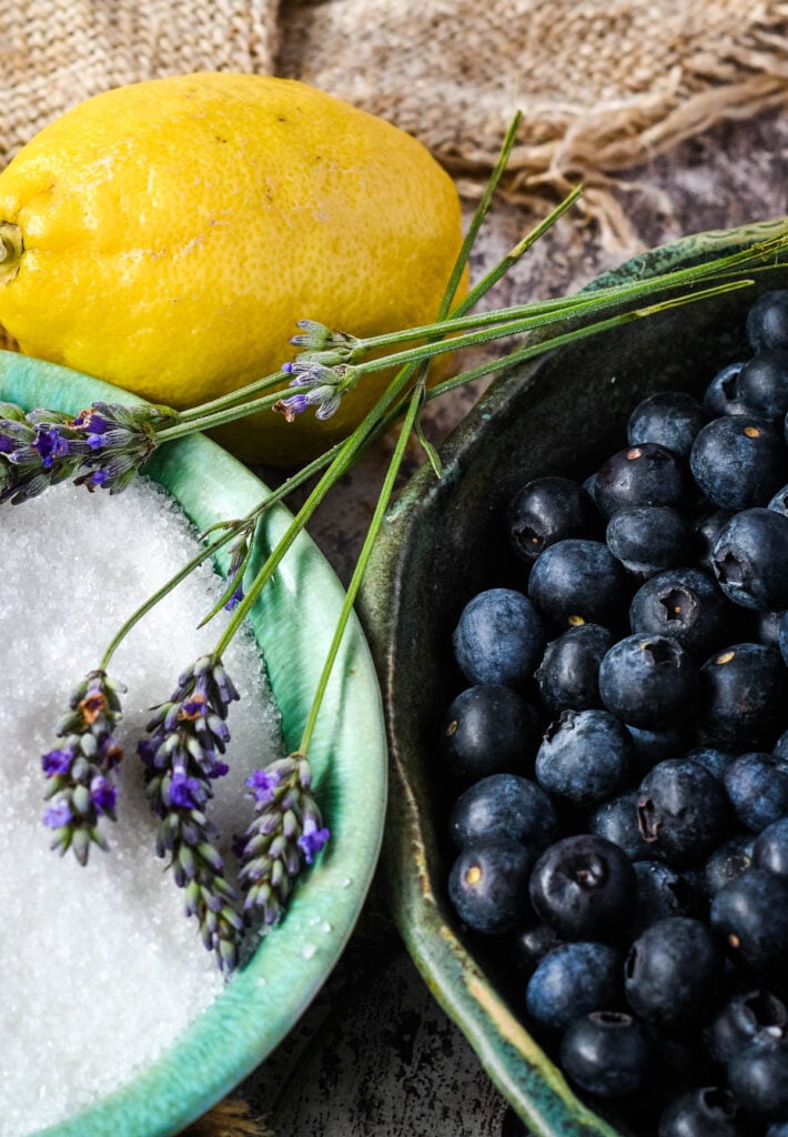 ingredients for blueberry jam with lavender and lemon