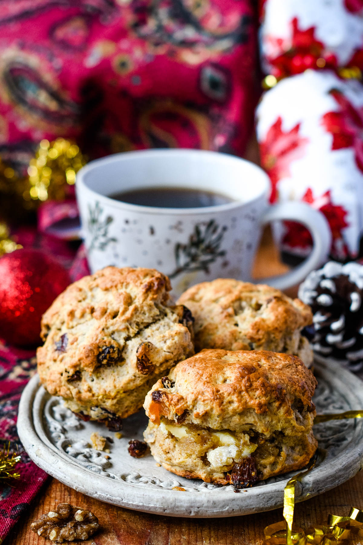 three christmas scones with cup of coffee