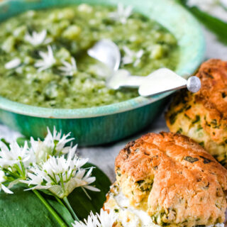 scones with bowl of wild garlic soup behind