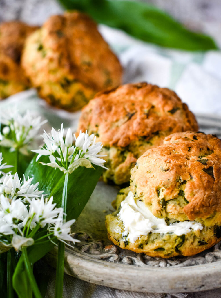 wild garlic scones with flowers at side