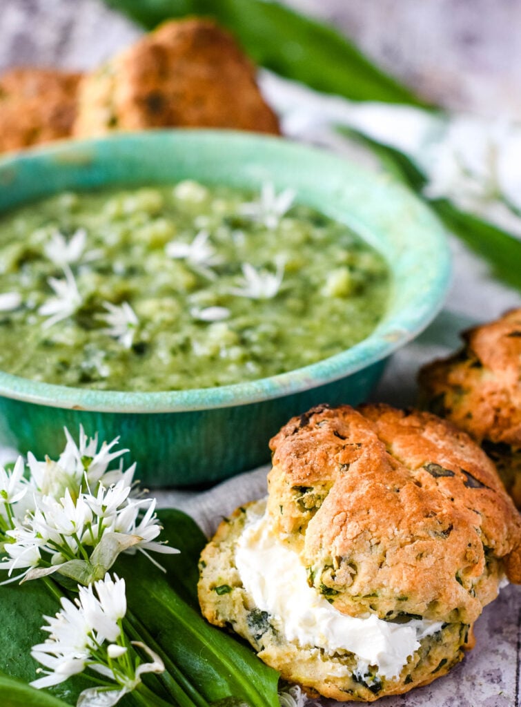 wild garlic scones with bowl of soup behind