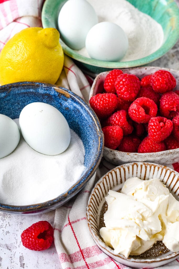 ingredients for raspberry and lemon roulade cake on the table
