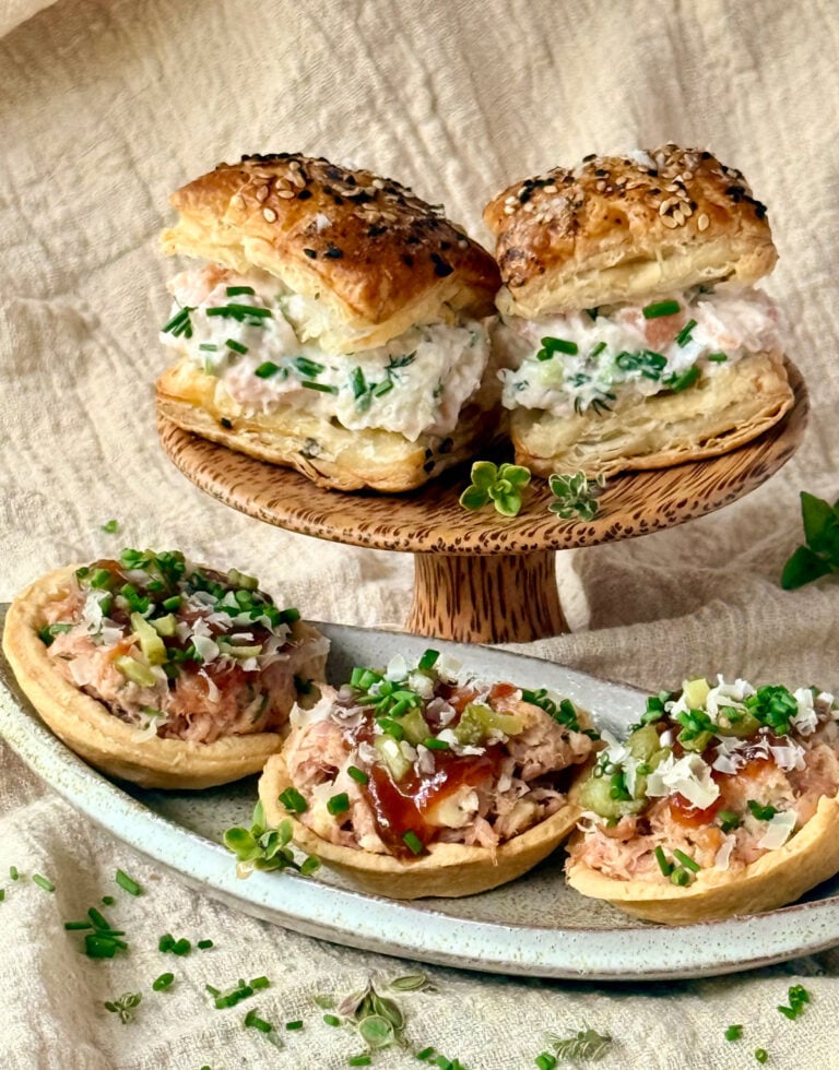 Savory puff pastry sandwiches and tartlets filled with creamy herbs and other afternoon tea fillings.