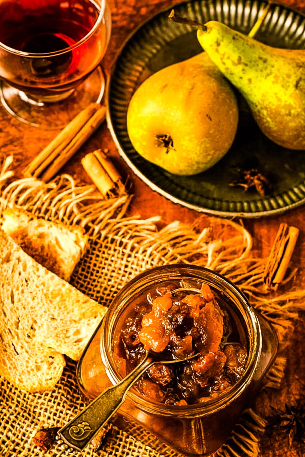 top down table with chutney and pears and spices